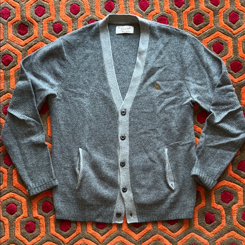 Original Penguin Gray Wool Knit Cardigan Sweater V-Neck Men's Medium